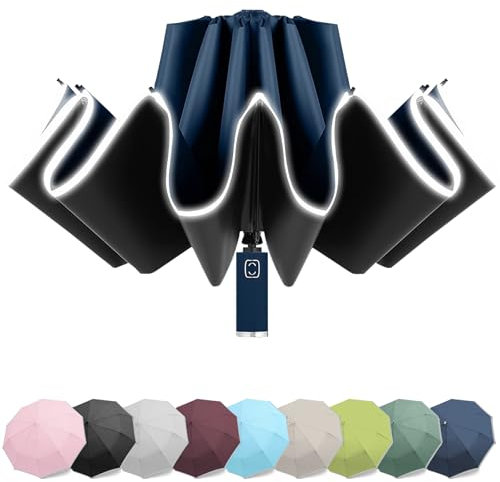 Umgekehrter Regenschirm, große winddichte Regenschirme für Regen und Sonne, kompakter umgekehrter Regenschirm mit reflektierenden Streifen, Teflon-Regenschirm für Frauen und Männer (Navy blau)