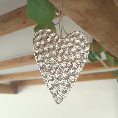 Hammered Metal Silver Hanging Tapered Heart Decoration - Heart Decoration - Hanging Ornament - Heart Ornament - Wall Decor - Christmas Decoration - Gift - Wedding - Rustic - Shabby Chic (Large 9cm)