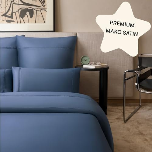 Amqua Mako Satin Bettwäsche 155x220 cm Blau Stickerei|Aesthetic Bettwäsche Set inkl. 80x80 Kissenbezug| weich & hochwertig inkl. Reißverschluss | Hotelbettwäsche 155x220| einfarbig| SORA