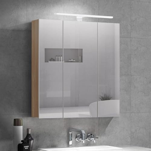TUKAILAi Meuble de Salle de Bain avec Miroir et Etagères, Armoire Toilette Miroir avec 3 Portes 9 Niveau Étagère à Hauteur Réglable pour Salle de Bain Lavabo Blanc 70 * 70 * 16cm
