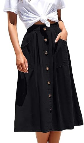 Basicspace Midi Röcke für Frauen hohe elastische Taille plissiert A Linie Midi Rock lässig Knopf vorne ausgestellte Schwarz Röcke mit Taschen(L,Schwarz