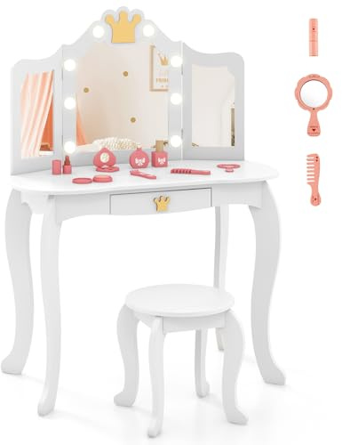 LIFEZEAL Kinderschminktisch Set, Schminktisch mit Hocker für Mädchen, Mädchenschminktisch mit LED-Licht, Tisch und Stuhl-Set mit Klappspiegel (Weiß)