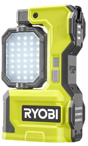 RYOBI Lampe LED Atelier 18V ONE+ RMTL18-0 – Projecteur de Chantier Sans Fil – Tête Pivotante 360°, Poignée de Transport, Éclairage Puissant Atelier, Compatible Batterie 18V ONE