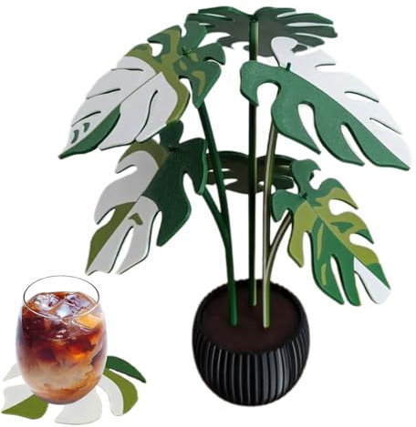 Monstera Artificielle, Dessous de Verre imprimé 3D, décoration réaliste en Pot pour intérieur et extérieur, Vert, Petite Taille pour Salon, Rebord de fenêtre, Salle de Bain, 8,4 x 8,4 x 0,5 cm
