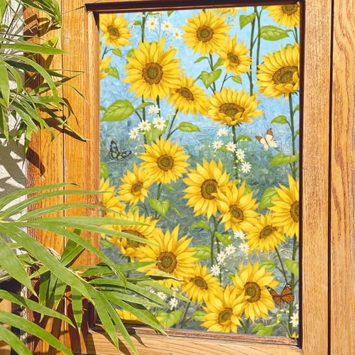 Runtoo Película de privacidad para ventana, diseño de girasol, arcoíris, 3D, vinilo, decorativo, vitral, calcomanía estática, no adhesiva, 17 x 40 pulgadas