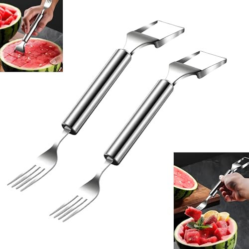 Strumento per affettare con taglierina per Anguria, tagliafrutta in Acciaio Inossidabile 2 in 1, affettatrice per forchette da Frutta a Doppia Testa aggiornata,1PCS