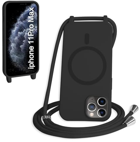 FMPCUON Magnetisch Handykette für iPhone 11 Pro Max Hülle,Necklace Hülle mit Bands Handyhülle für zum Umhängen Kordel,kompatibel mit Magsafe Silikon Case mit Handykordel,Schwarz