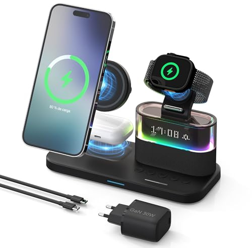 Qi2 Ladestation 3 in 1 für iPhone 16/15/14/13/12 Serie m. Wecker & RGB-Licht, Magnetischer Ladeständer inkl. PD 30W Adapter, Schnelles 15W Ladegerät für iWatch/Apple Earbuds (Schwarz)