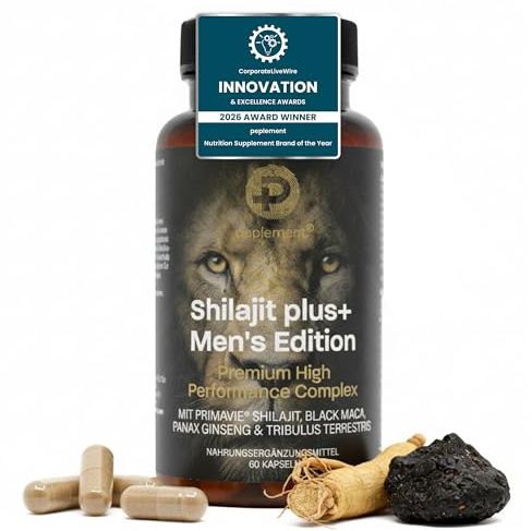 Peplement Shilajit Kapseln plus+ Men's Edition — Shilajit für Männer Komplex Premium High Performance mit PrimaVie® — Maca Schwarz, Tribulus, Panax Ginseng — Vegan Nahrungsergänzungsmittel Männer