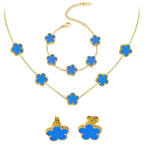 18k Vierblättriges Kleeblatt Schmuckset ,Damen Vergoldet Vierblättriges | MäDchen Kleeblatt Armband Halskette Ohrringe Armband ,Schmuck Set für Muttertags,Valentinstag