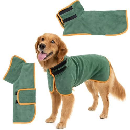 Accappatoio per cani, asciugamano extra assorbente e ad asciugatura rapida con velcro e fascia retrattile regolabile, per Cani per Bagno, Nuoto e Passeggiata Bagnata(verde scuro, L)
