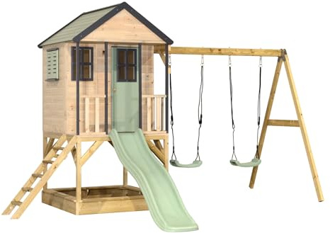 Wendi Toys M60 Stelzenhaus mit Rutsche und Doppelschaukel, Spielhaus aus FSC-Holz für Kinder Garten Outdoor, Podesthöhe 90 cm, 290×405×242 cm, mit 175 cm Rutsche, Sandkasten (Pastellgrün)