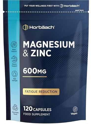 Magnesium Supplements with Zinc 600mg | High Strength Magnesium Citrate & Zinc Citrate | 120 Vegan Capsules | 2 Month Supply | by Horbaach