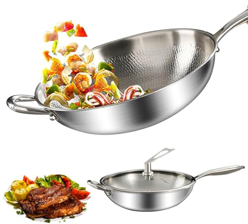 Edelstahl Wokpfanne 30 cm mit Deckel Bratpfanne,Verdickt Ultra-Haltbar Titan Bratpfanne Edelstahl Wokpfannen mit Deckel induktionsgeeignet,Backofenfest bis 400°C,Unbeschichtet