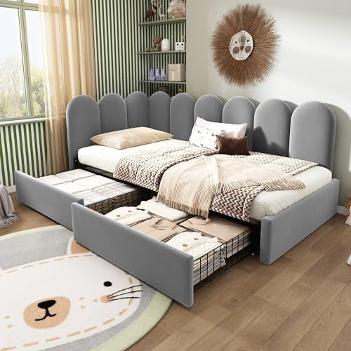 Kebnor Polsterbett Einzelbett mit Schubladen Stauraumbett Samt Daybett Tagesbett Schlafsofa mit Lattenrost Jugendbett und Erwachsene Kinderbett(Ohne Matratze) (Grau 90x200cm mit Schubladen)