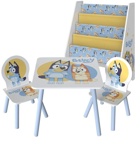 Bluey Kids Table & Chairs Set with Wooden Bookshelf Bundle – Activity Table with 2 Chairs & Front-Facing Book Storage Rack – Official Furniture Set for Bedroom & Playroom