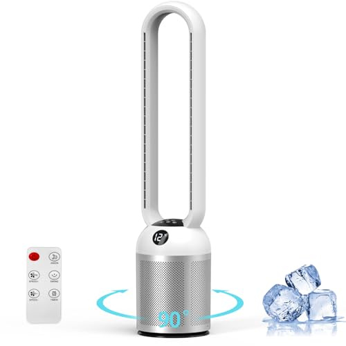 Ventilador silencioso sin aspas, ventilador de torre de 24 velocidades con purificador de aire HEPA, ventilador de pedestal oscilante de 90°, pantalla LCD, temporizador de 12 horas, para dormitorio