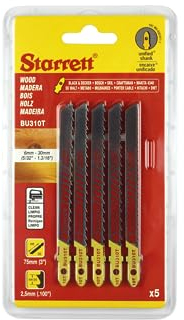 Starrett Wood Cutting Jigsaw Blades - 5 Pack BU310T Unified Shank Bi-Metal Saw Tapered Blade Clean Cuts - Compatible With Bosch Dewalt Hitachi Festool Milwaukee