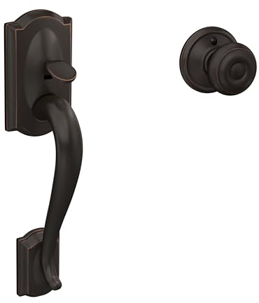 Schlage FE285 CAM 716 GEO Camelot Front Entry Handleset with Georgian Knob, Lower Half Grip, Aged Bronze