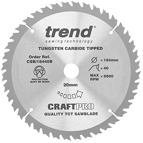 Trend Wood Circular Saw Blade, 184mm Diameter, 20mm Bore, 40 Teeth, 2.6mm Kerf, +15° Hook, TCT, Fine Finish, CSB/18440B
