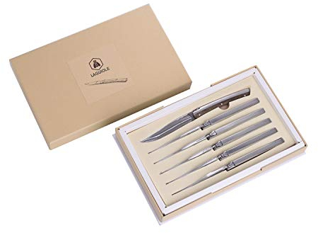 LAGUIOLE - Coffret de 6 Couteaux de Table Design - Acier Inoxydable, manche en Bois Zèbre - Ligne épurée pour une table tendance