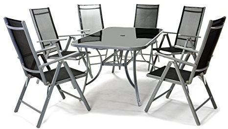 Nexos Trading 7-teiliges Gartenmöbel-Set – Gartengarnitur Sitzgruppe Sitzgarnitur aus Gartenstühlen & Esstisch – Aluminium Kunststoff Glas – schwarz grau