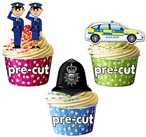 AK Giftshop PRE-CUT Cartoon Police Helmet Car Mix - Edible Cupcake Toppers/Cake Decorations (Pack of 12)