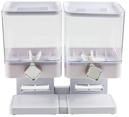 SQ Pro Double Square Cereal Dispenser -Plastic Dry Food Canisters With Stand-Kitchen Storage Dispenser -Transparent Storage Container for Cornflakes, candy, nuts, beans, granola (White)