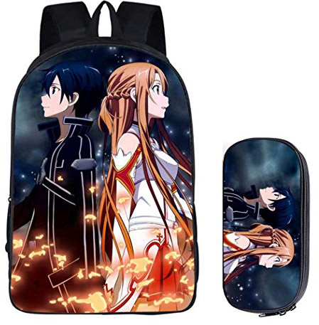 WANHONGYUE Sword Art Online Anime Bilddruck Backpack Rucksack Schultasche + Schreibwaren Box Schüler Schulrucksack Set /3