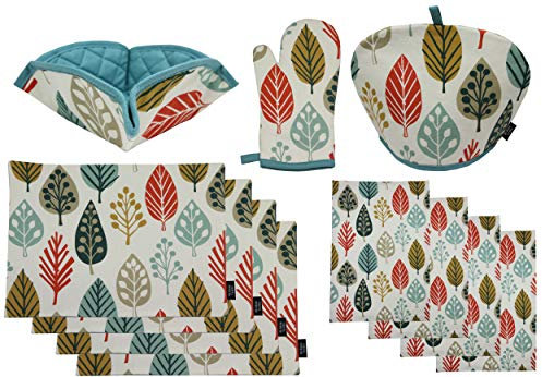 McAlister Textiles Magda Kitchen Dining Set | Burnt Orange Pattern Leaf Print Tea Towels, Apron, Hot Plate Mat + Double Oven Gloves Geometric Design Soft Feel Cotton | Set