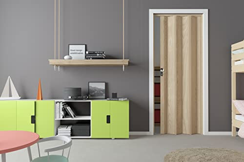 Forte Porta a Soffietto Maya in PVC, Resistente agli urti, Riducibile, Kit completo di serratura, L83 x H214 cm, Effetto Legno Faggio