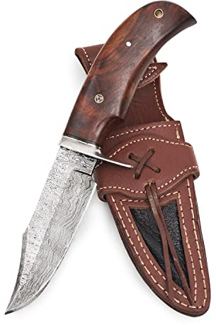BIGCAT ROAR Coltello da caccia in damasco fatto a mano - Coltello da caccia a lama fissa con fodero e manico in legno di noce - Coltello da scuoio EDC da 25,4 cm - Bear Hunter