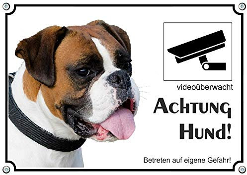 Petsigns Hundeschild - Deutscher Boxer - uv-beständiges Warnschild + videoüberwacht, DIN A4