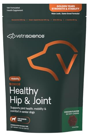 VetriScience Senior Healthy Hip & Joint Soft Chews, GlycoFlex Glucosamine, Green-Lipped Mussel, and Carnitine Joint Supplement for Dogs, Chicken, 120 Count