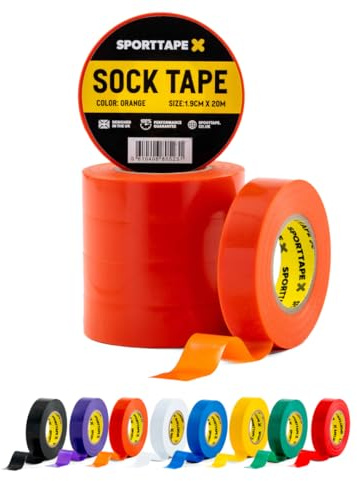 SPORTTAPE Sock Tape - 6 Rolls, Orange - 1.9cm x 20m, PVC Insulating Tape | Football, Soccer & Rugby - Holds up Football Socks, Shin Pads & Shin Guards | Secures Lifting Blocks, Boots & Ear Taping