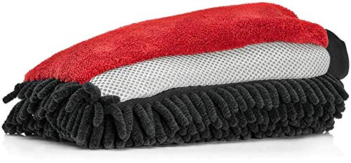 Nuke Guys - 3in1 Mikrofaser Waschhandschuh für die sanfte Autowäsche; Chenille - Insektenmesh - Microfaser (rot)