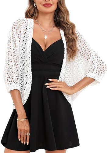 Gyabnw Bolero Shrug Women UK Crochet Cardigan Summer Short Sleeve Jacket Cover-Up Weddings Events White
