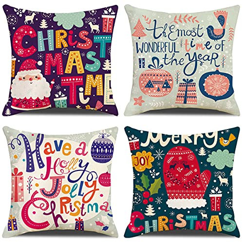 GYISANA 4er Set Dekorativ Kissenbezug Baumwolle Leinen Kissenhülle Dekokissen Sofakissen für Couch, Auto, Schlafzimmer 45x45 cm (Handschuh Weihnachten)