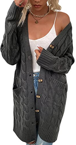 Beskie Women's Long Sleeve Cardigans Sweater Open Front Kimono Knitwear Loose Knitted Cardigan with Pockets Dark Grey