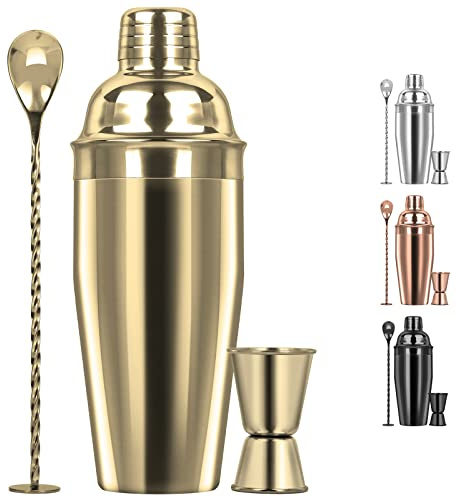 Grand ensemble shaker à cocktail de 700 ml, en acier inoxydable 18/8 avec passoire intégrée, doseur et cuillère à mélanger, ensemble shaker à martini, parfait pour barman et usage domestique, doré