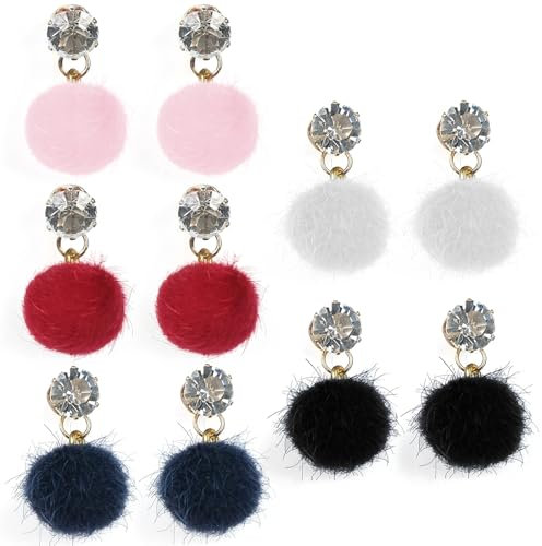 LATRAT 5 Pairs Frauen Mode Ohrstecker Flauschigen Pompon Pelz Ball, Ohrringe Flauschigen Pompon Ohrstecker schmuck Geschenk für Damen