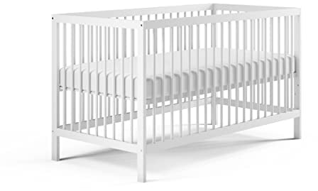 Babybett Kinderbett Gitterbett 70x140 Matratze höhenverstellbar & herausnehmbare Sprossen, optional mit Schublade | Buchenholz Weiss sehr stabil Made in Europe | von Geburt bis 6. Lebensjahr