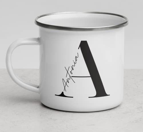 Buchstaben Emaille Tasse weiß mit Designbuchstaben A-Z, Personalisierte Kaffeetasse Teetasse mit Namen, Kaffeebecher personalisiert Emaille Tasse, Namenstasse schwarz weiß