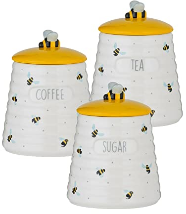 Ceramic Sweet Bee Stoneware Kitchen Tea Coffee Sugar Bread Bin Storage Canister Jar with Lid Durable Bumblebee Handle Keep Fresh Attractive Bright Yellow Glaze Set (Tea Coffee Sugar Set)