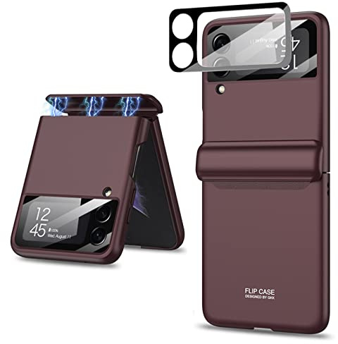 Miimall Custodia a Cerniera con Samsung Z Flip 4, Cerniera Magnetica con Vetro Temprato Schermi Piccoli e Fotocamere Copertura Protettiva, Ricarica Senza Fili Cover per PC Antiurto per Flip 4, Rosso