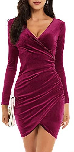 Yutdeng Robe de Femme Robe à Manches Longues Col en V Robe de Soirée Robe de Cocktail en Velours Automne et Hiver Élégant Robe de Fête Courte Moulante Rétro Dress Noël Rose Rouge L