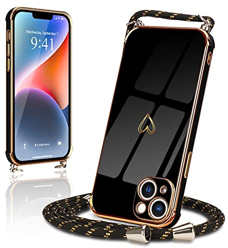 Micoden Handykette kompatibel mit iPhone 14 hülle Ultra dünn Kameraschutz Herz Love Design Galvanik Silikon Bumper Kordel zum Umhängen Handyhülle mit Band Schutzhülle,Schwarz