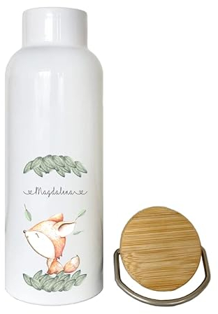 Manufaktur Liebevoll Trinkflasche mit Namen | Personalisiertes Geschenk | 500 ml Isolierflasche aus Edelstahl mit Bambusdeckel | mit süßem Fuchs