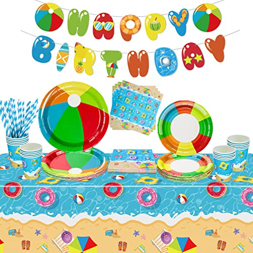 Hegbolke Decorazioni per feste in spiaggia - Le forniture per feste in piscina includono piatti, tazze, tovaglioli, striscioni per bomboniere per feste di compleanno in piscina hawaiana - Servire 20