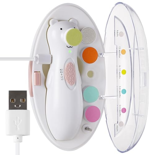 haakaa Happii Bear Baby Nail File Electric Nail Trimmer with LED Light, Rechargeable Baby Nail Trimmer for Newborn/Adults Toes and Fingernails, Additional Replacement Heads & Charging Cable